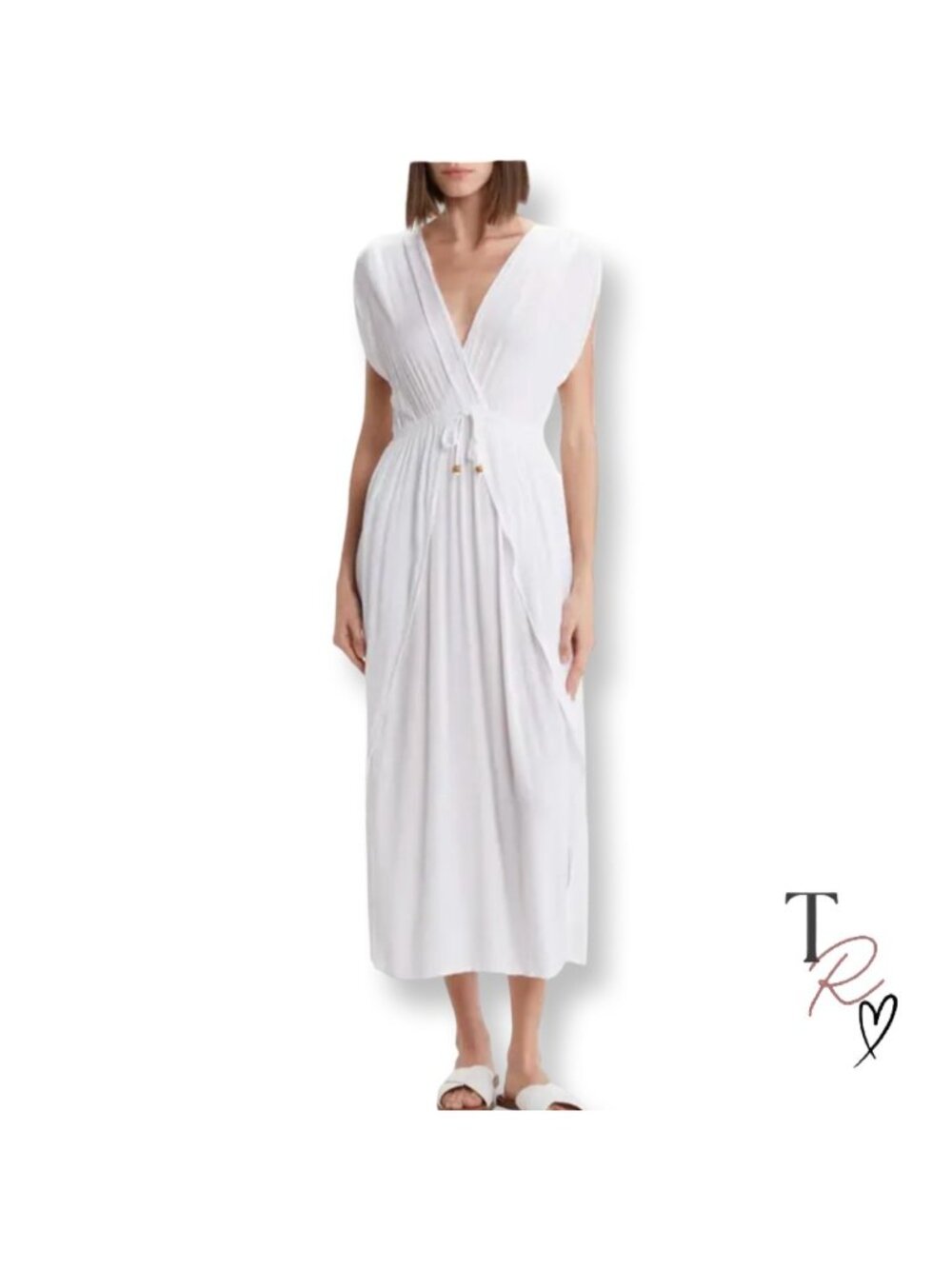 Raviya White Crinkle Maxi Kaftan Cover Up Dress Size Large Boho Beach Resort